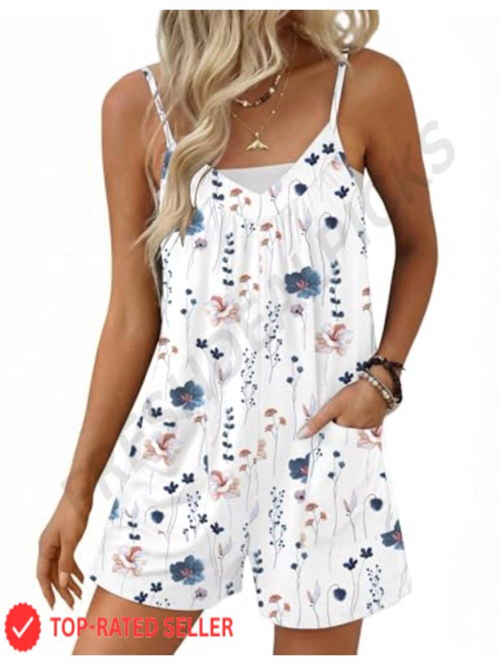 Sleeveless Floral Romper with Pockets V-Neck Jumpsuit for Summer